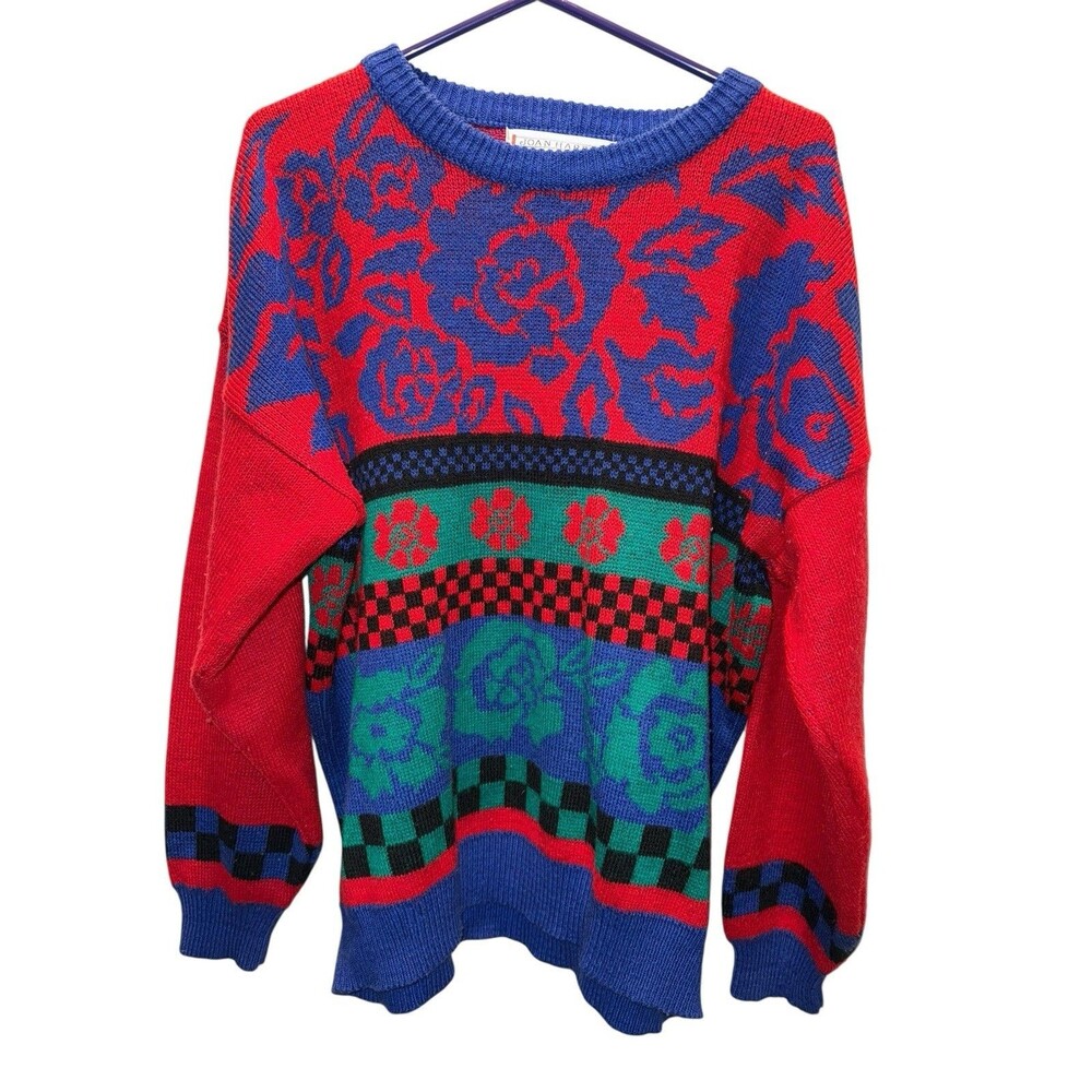 Vintage Joan Harper Floral Knit Grannycore Sweater Colorful Acrylic Oversized L
